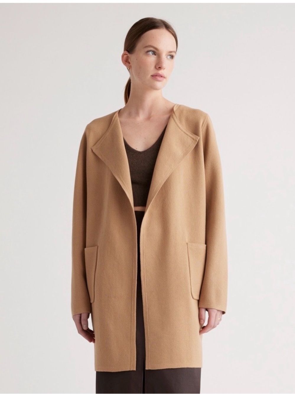 Quince Organic Cotton Knit Collarless Coat Camel XS NWT